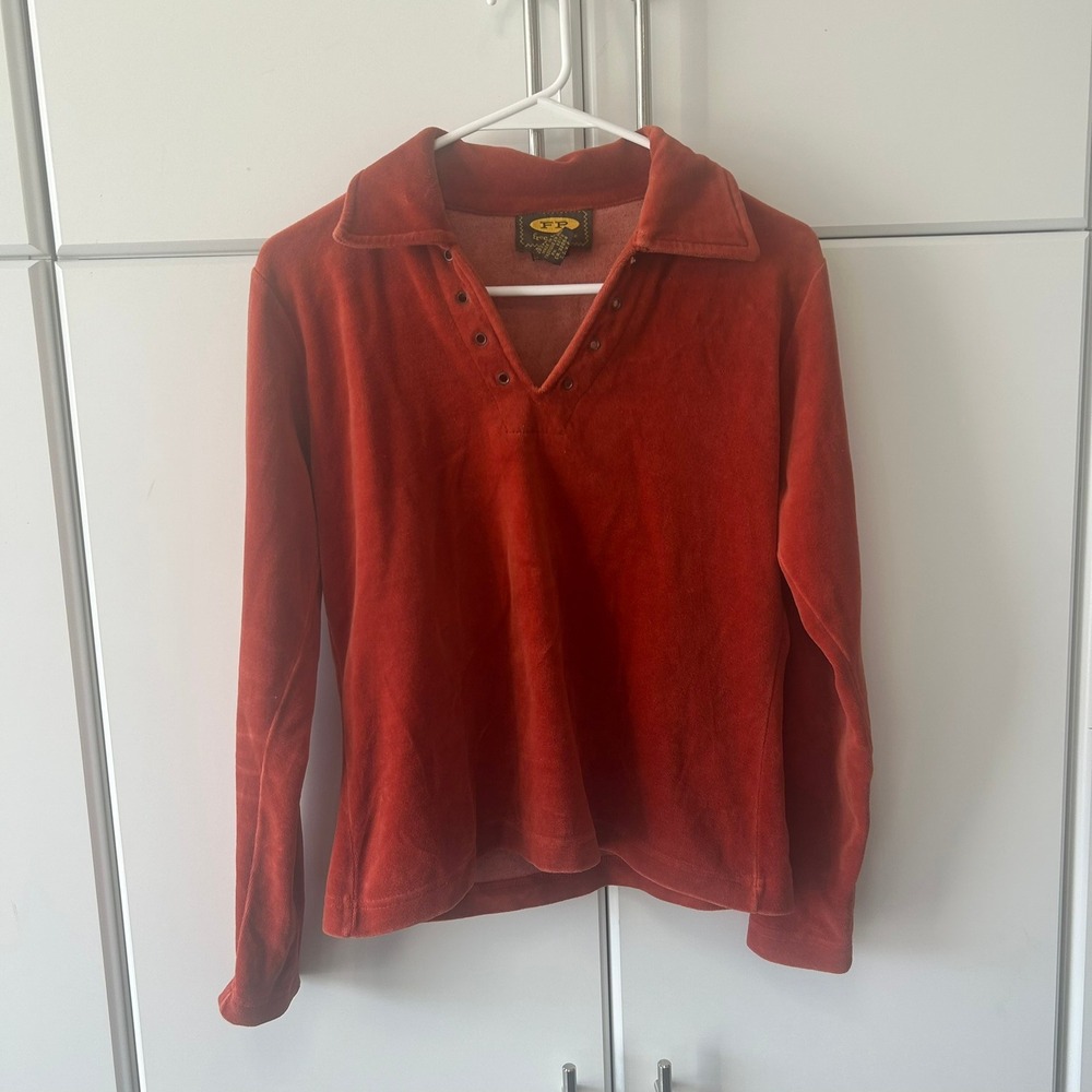 Free People Velour Long Sleeve Top Rust Orange Grommet V-Neck Pullover‎ Medium